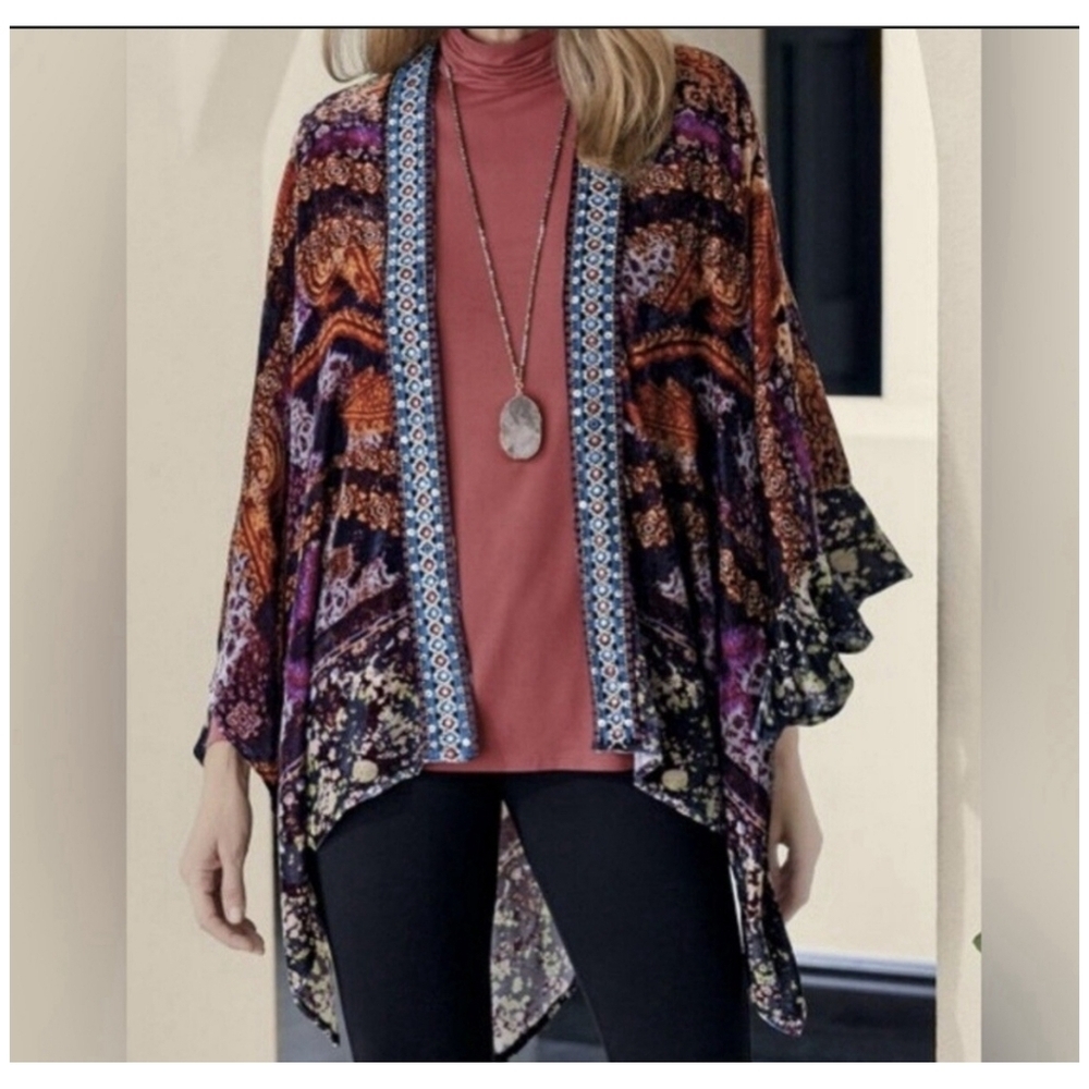 Soft Surroundings Velevt Floral Mixed Print Beaded Bohemian Kimono Shrug Gypsy - Picture 4 of 7